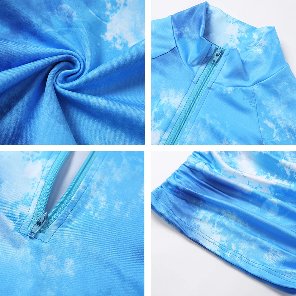 

2021 Summer New Kylie Jenner Sky Blue Dress Women's Mock Neck Zippered Long Sleeves Fashion Tie Dye Party Date Dresses