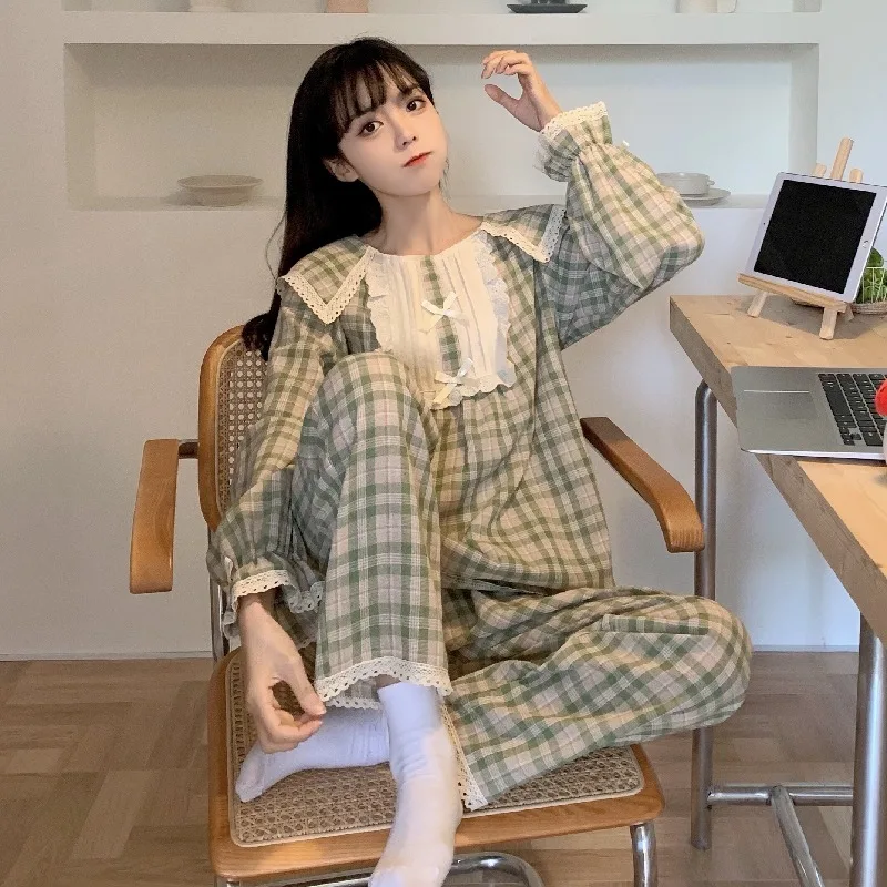 

2021 Spring Princess Style Pure Cotton Pajamas Suit Girls Lattice Pink Cute Lovely Women's Lapel Home Clothes Lace Sleepwear