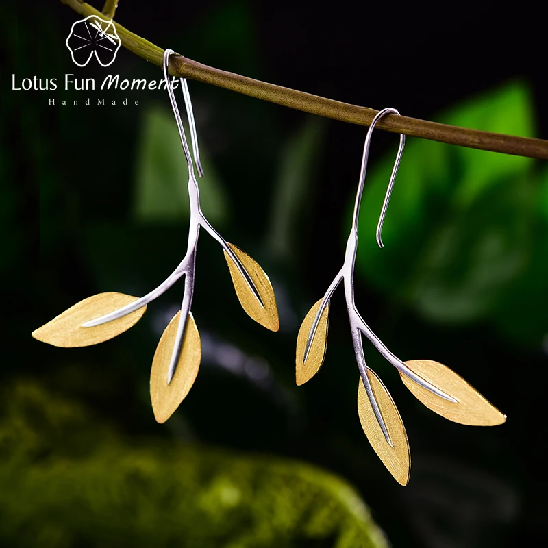 

Lotus Fun Moment Real 925 Sterling Silver Creative Designer Fine Jewelry Minimalist Design Leaves Dangle Earrings for Women