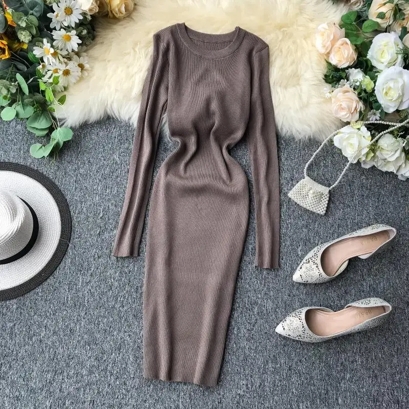 2019 женское осеннее зимнее Повседневное платье свитер облегающее однотонное