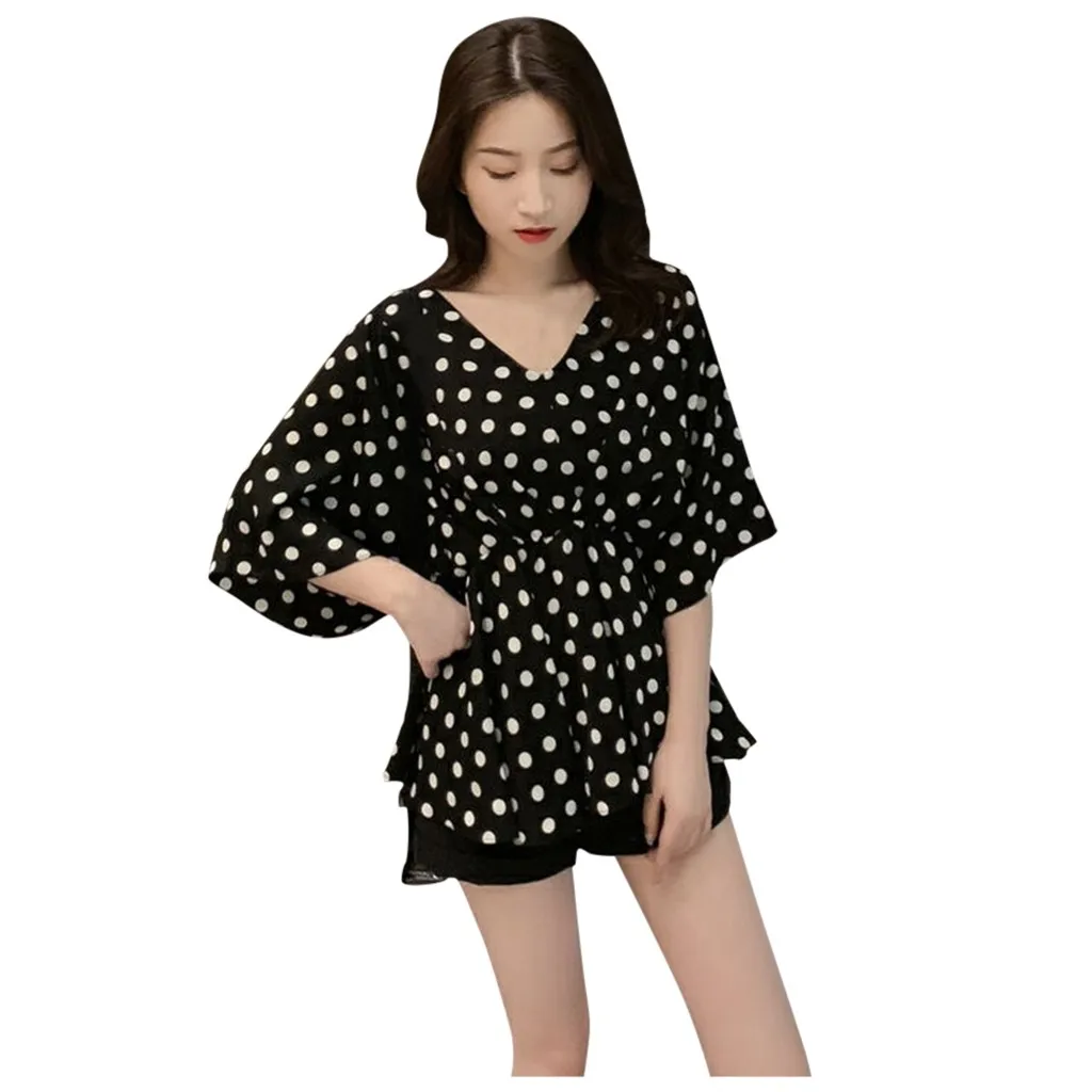 Женская милая стильная блузка в горошек с коротким рукавом летняя рубашка для