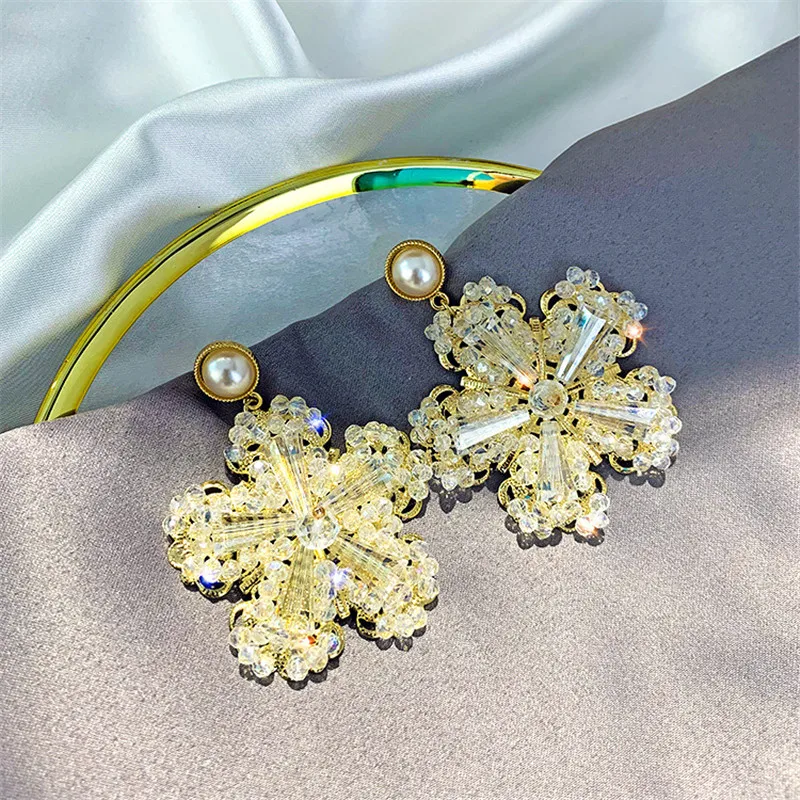 FYUAN, винтажные жемчужные Висячие серьги для женщин, Bijoux, роскошные хрустальные серьги-подвески в форме цветка, массивные вечерние ювелирные изделия