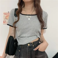 new t shirts women sexy short sleeve ins korean chic fall ladies crop tops all match streetwear femme clothing black gray white