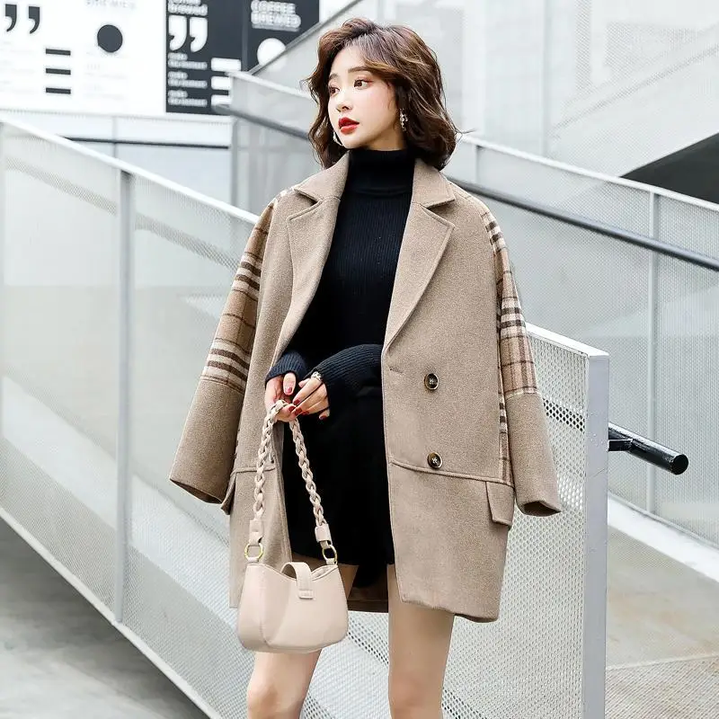 Осенне-зимнее Новое корейское модное свободное шерстяное пальто-кокон в клетку |