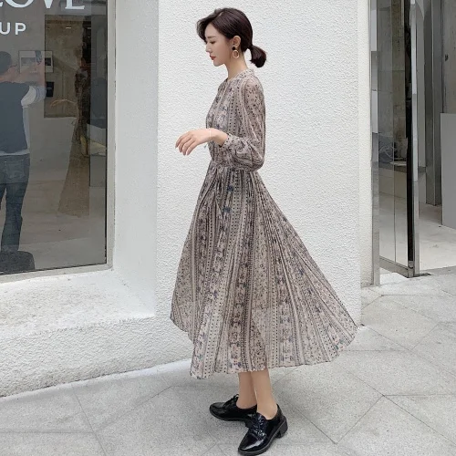 Женское шифоновое платье с круглым вырезом длинным рукавом|Женские платья| |