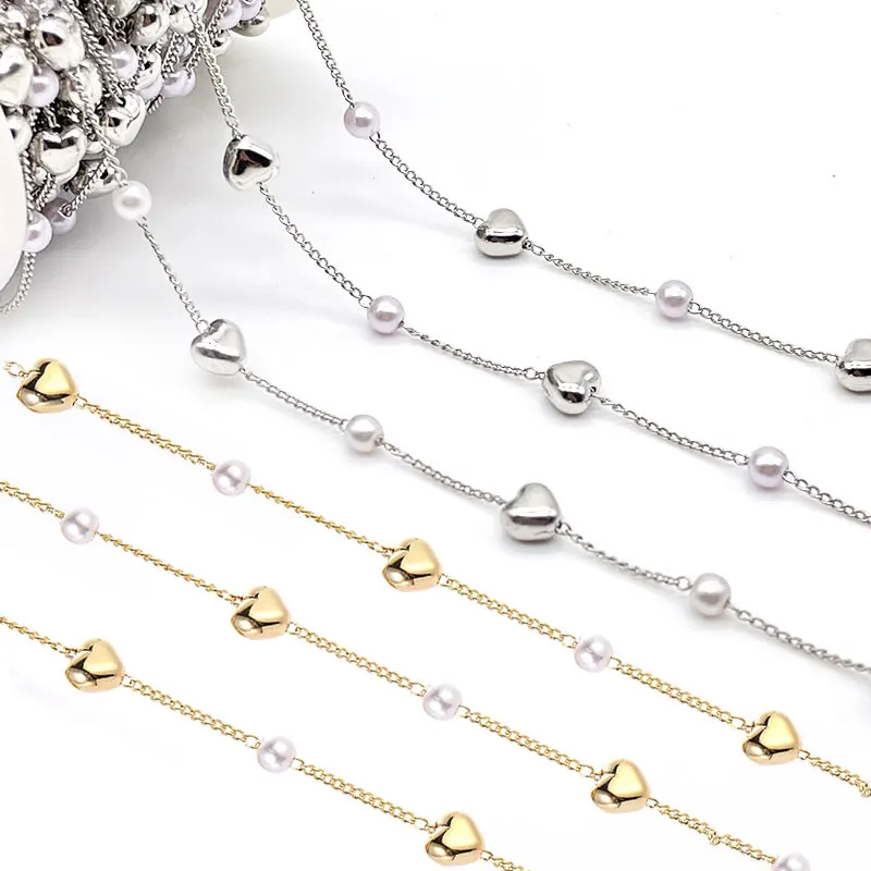 

1meter Silver/Gold Color Bulk Copper Chain Pearl Heart Beads Link for Jewelry Making DIY Necklace Bracelet Ankle Accessories