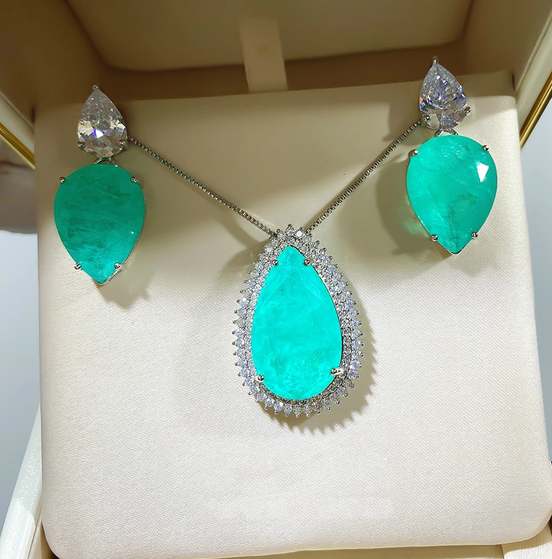 

Luxury Women's Jewelry Sets Paraiba Green Earrings Drop Cut Necklace Fashion Anniversary
