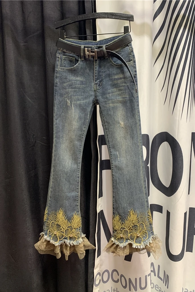 

Winter New Jeans Female 2020 High Waist Slim-Fit All-Matching Embroidered Versatile Flared Jeans Pants Womans Blue Denim Jean