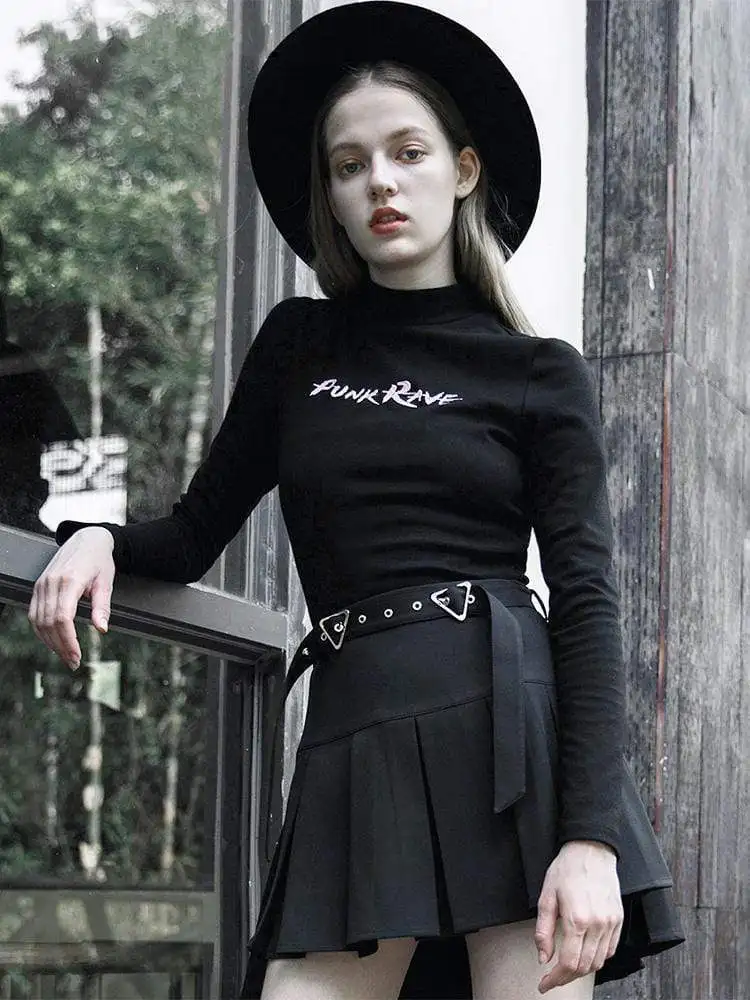 Женские футболки с длинными рукавами вышивкой и воротником-стойкой в стиле панк