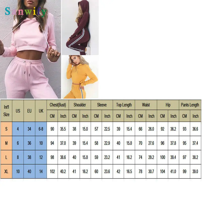 

2019 Autumn 2Pcs Women's Tracksuit Solid Color Hoodie Sweatshirt Crop Tops Pants Set Casual Sports Sweat Suit