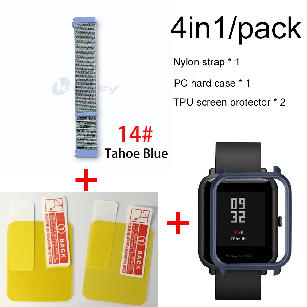 14-Navy blue case 4в1 для Xiaomi Huami Amazfit ремешок bip браслет нейлоновая петля Smartwatch Браслет amazfit bip чехол с защитой экрана - Цвет: 14-Navy blue case