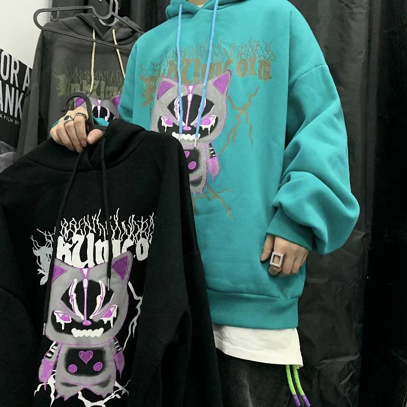 

Harajuku Style Cartoon Dark Print Couple Hoodies Round Neck Plus Velvet Sweater Street Couple Tops Hip Hop Oversized Sweatshirt