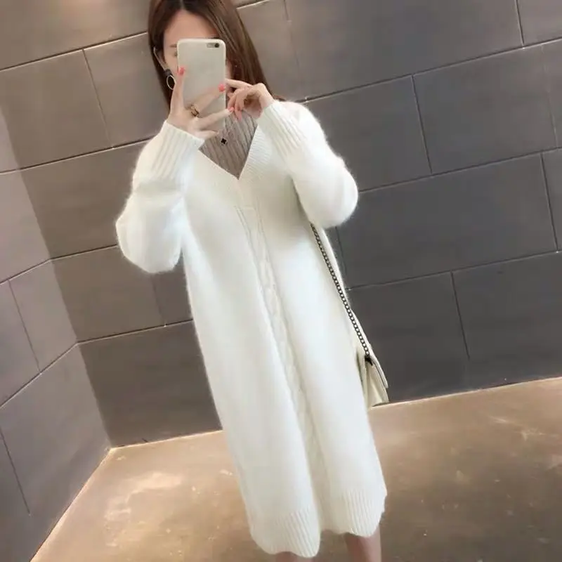 

Sexy V-neck Women Knitted Fake Two Piece Dress Autumn Winter Lantern Sleeve Elegant Party Female Sweater Dress 2020