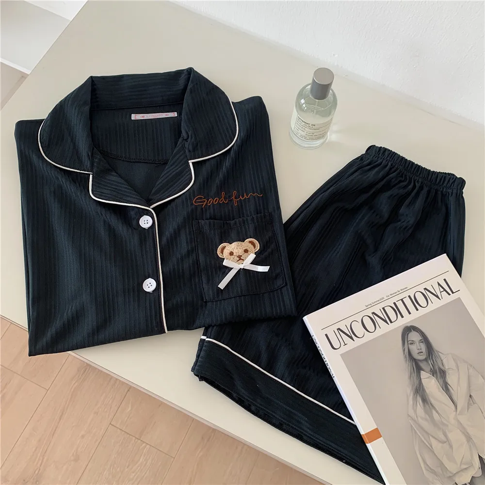 CAIYIER 2021 Japanese Summer Bear Print Women Pajamas Set Cotton Simple Short Sleeve Sleepwear New Ladie Home Service Suit M-2XL