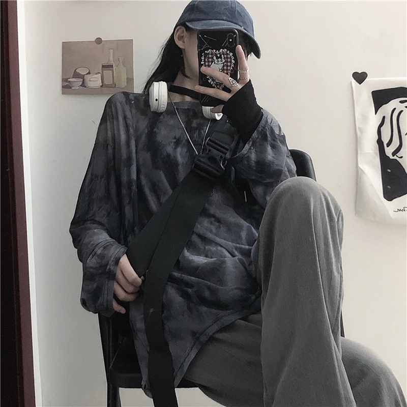 

Harajpoo Female T-Shirts 2021 New Korean INS Summer Ins Sexy Loose Tie-dye Micro Permeable Mesh Long-sleeved Pullovers Tide