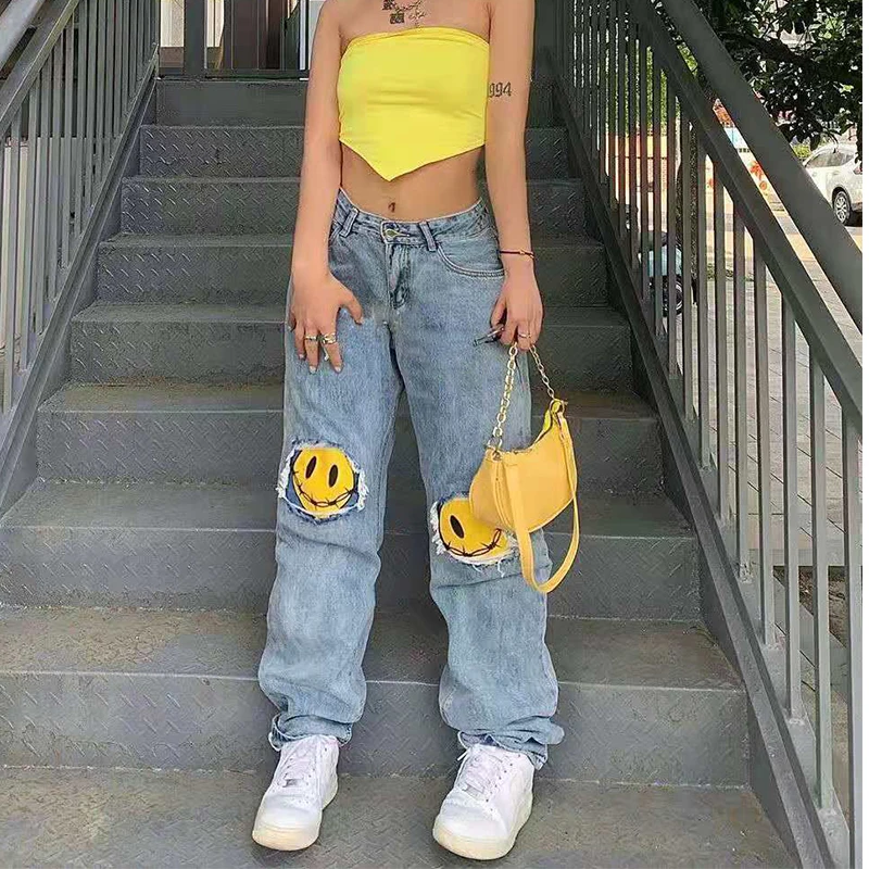 

Printed Jeans Women Fashion Mom Jeans Baggy Straight Leg Pants Blue Loose Ripped Denim Trousers Long High Waist Jeans Streetwear