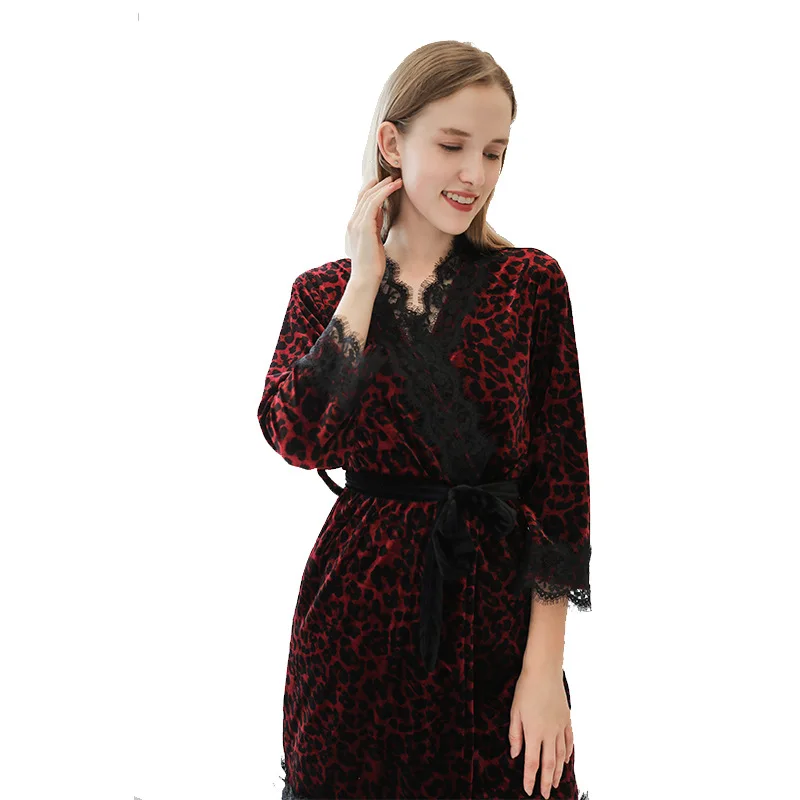 

Leopard Velvet Women 3PCS Nightgown Set Autumn Winter Velour Pajamas Lace Trim Sleepwear Loose Sexy Home Clothes Casual Pijamas