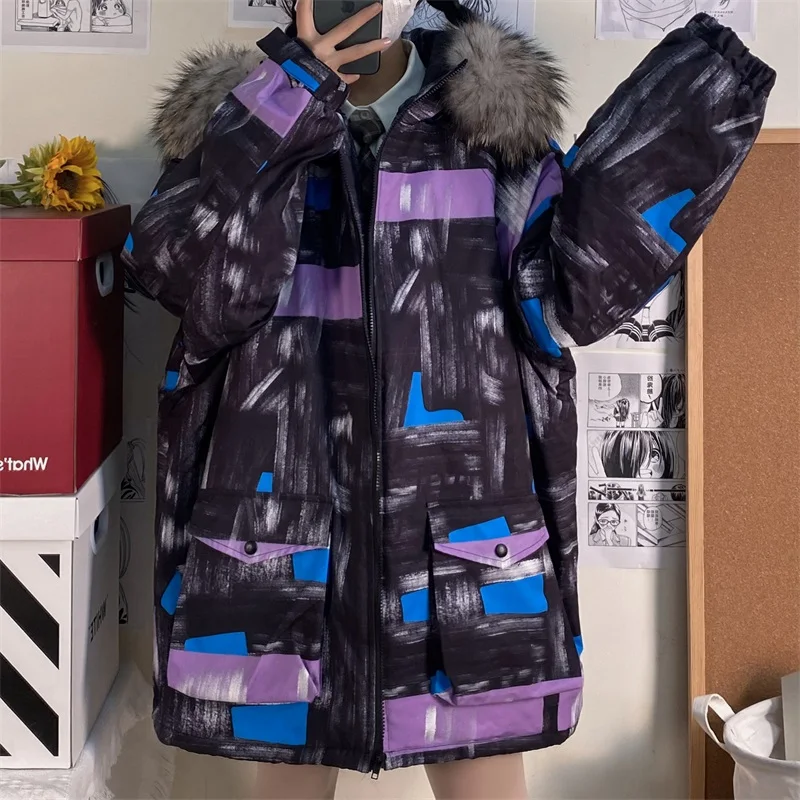 Куртка-пуховик с абстрактным принтом для пары зимняя стеганая одежда