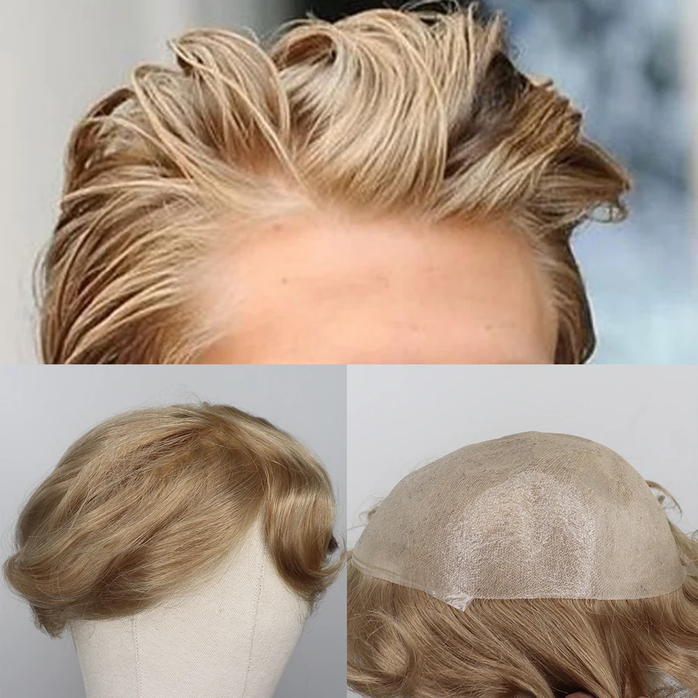 YY парики блонд тонкие ПУ человеческие волосы парик для мужчин Малайзийский Реми