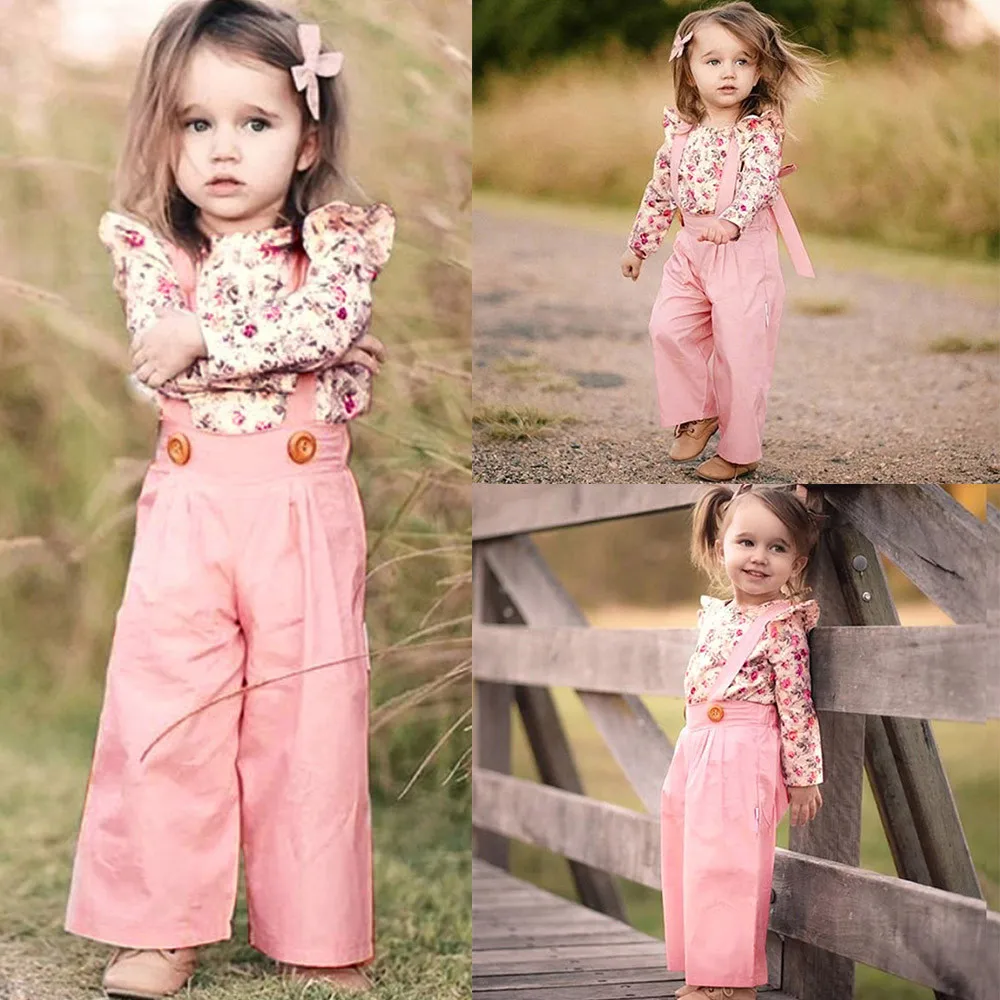 2PCs Fashion Baby Girls clothes Long Sleeve Floral Tops+Solid Overalls Pants Clothes Outfits Winter conjunto meni HOOLER | Детская