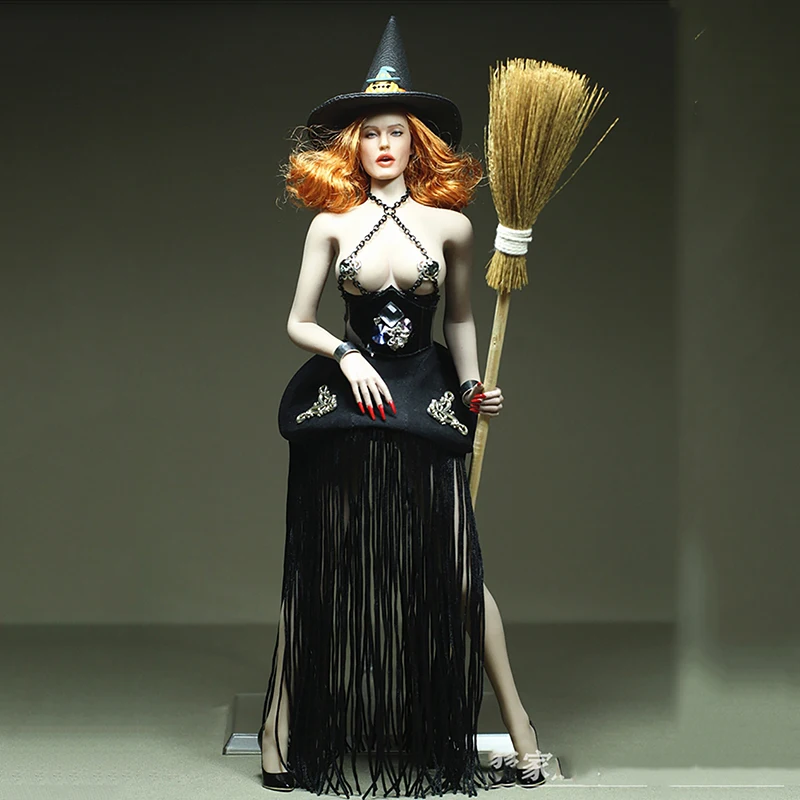 

1/6 Female Halloween Witch dress Fringed Skirt With Hat Broom For 12 Inch Action Figure Dolls