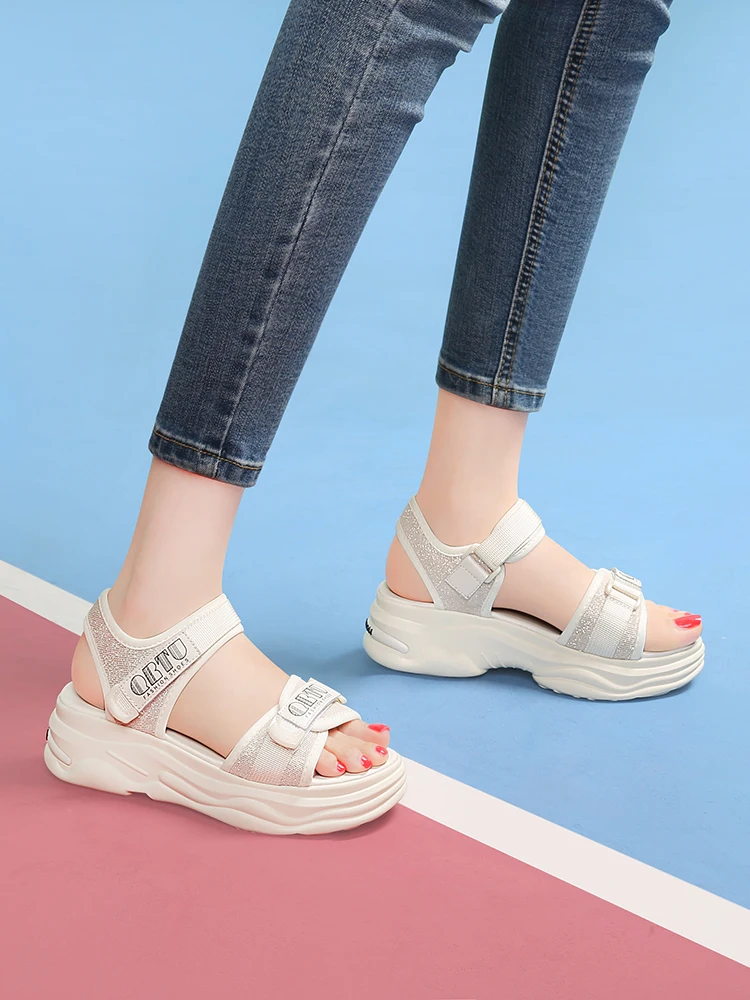 

Women Sandals Summer Ladies Open Toe Beach Shoes Thick Bottom Hook & Loop Sandals Black Platform Girls Casual Shoes 2021