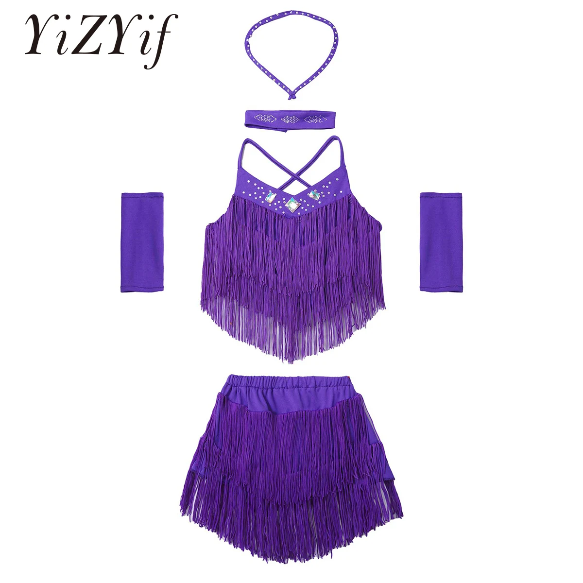 

Latin Dance Dress for Girls Kids Sparkling Diamond Lace-up Tassel Dancing Latin Rumba Salsa Skirt Teen Competition Dance Dress