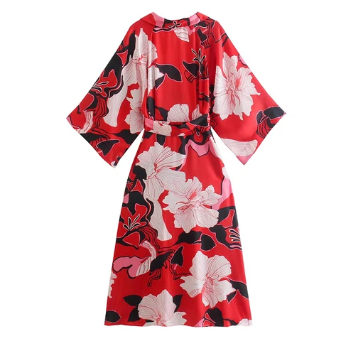 Элегантное платье-миди с цветочным принтом и поясом, шикарные платья а-силуэта с V-образным вырезом и рукавом три четверти, женское шикарное праздничное платье