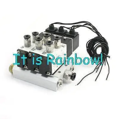 

1pc 4V110-06 AC110V 5Way Triple Solenoid Valve Mufflers Base Quick Fittings Set