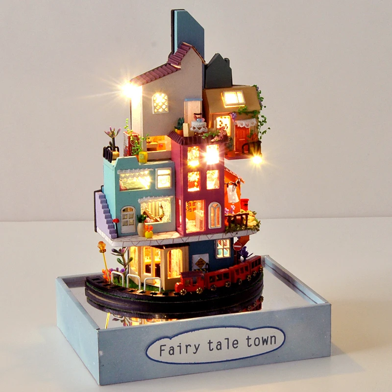 

DIY wooden doll house Cloud Town with light kits Warm town miniature dollhouse Furniture toys for Children Birthday gifts