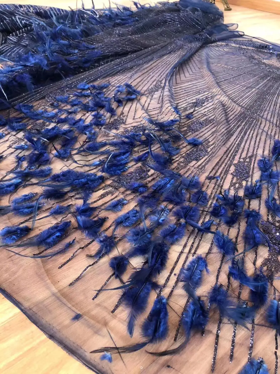 

5yards African Lace Fabric with Glued Glitter Feather Rose Gold Glitter Lace Fabric for Sale