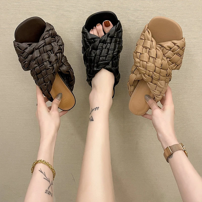 

Women Slipper New Sexy Weave Cross Ladies Sandal Summer Low Open Toe Flat Casual European American Style Beach 2021 Women Shoes