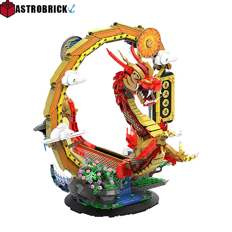 

New Moc Chinese Style Dragon Boat Building Blocks Diy Creative Ship With 4 Figures 3D Model Brick Toy For Children Birthday Gift