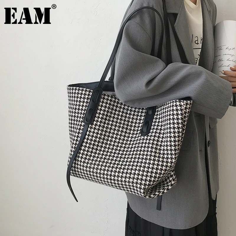 

Женская клетчатая сумка-тоут EAM, черная вместительная сумка через плечо, сумка для покупок для студентов, Осень-зима 2020
