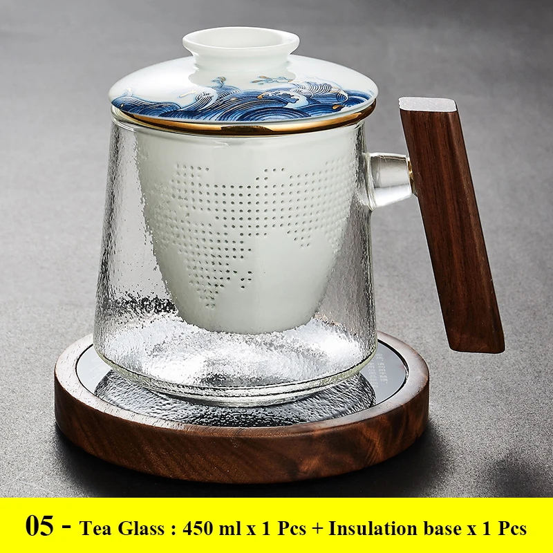 

Simple design home office tea glass cup with wooden handle and Ceramic Tea Infuser Filter Gift for tea lover 210401-03