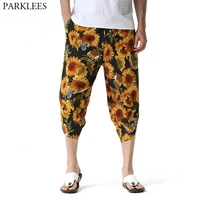 mens harem capri pants hipster floral printed linen pants casual baggy elastic waist drawstring gym sports shorts 34 pants 3xl