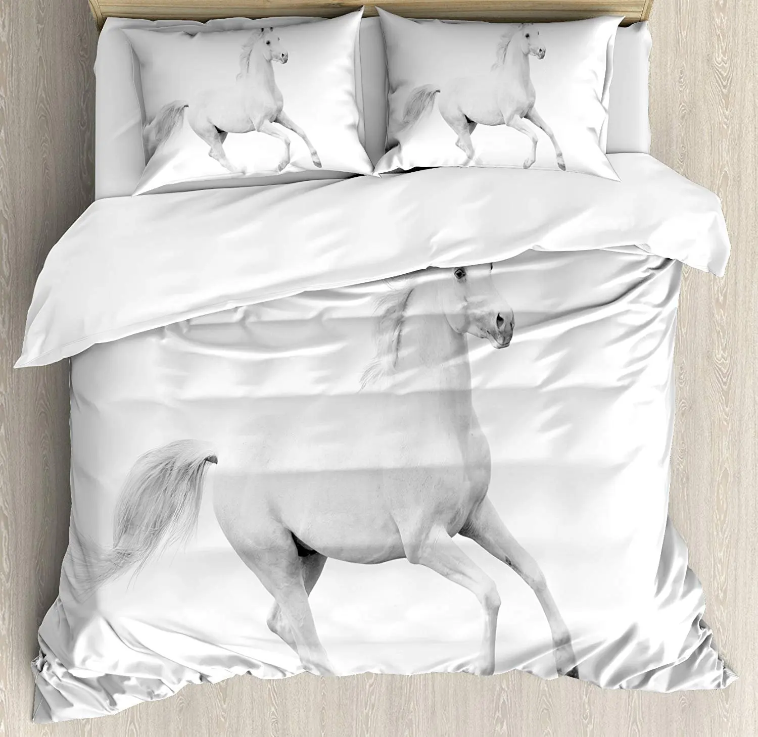 

Black and White Decorations Bedding Set White Stallion Running Horse Gallop Motion Speed Equestrian Duvet Cover Pillowcase