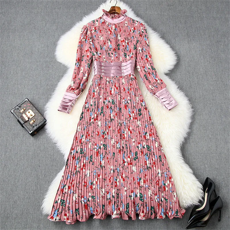 

2020 Spring Dresses for Women Fashion Designer Ruffle Neck Elegant Lantern Sleeve Floral Print Mid Calf Pleated Chiffon Dress