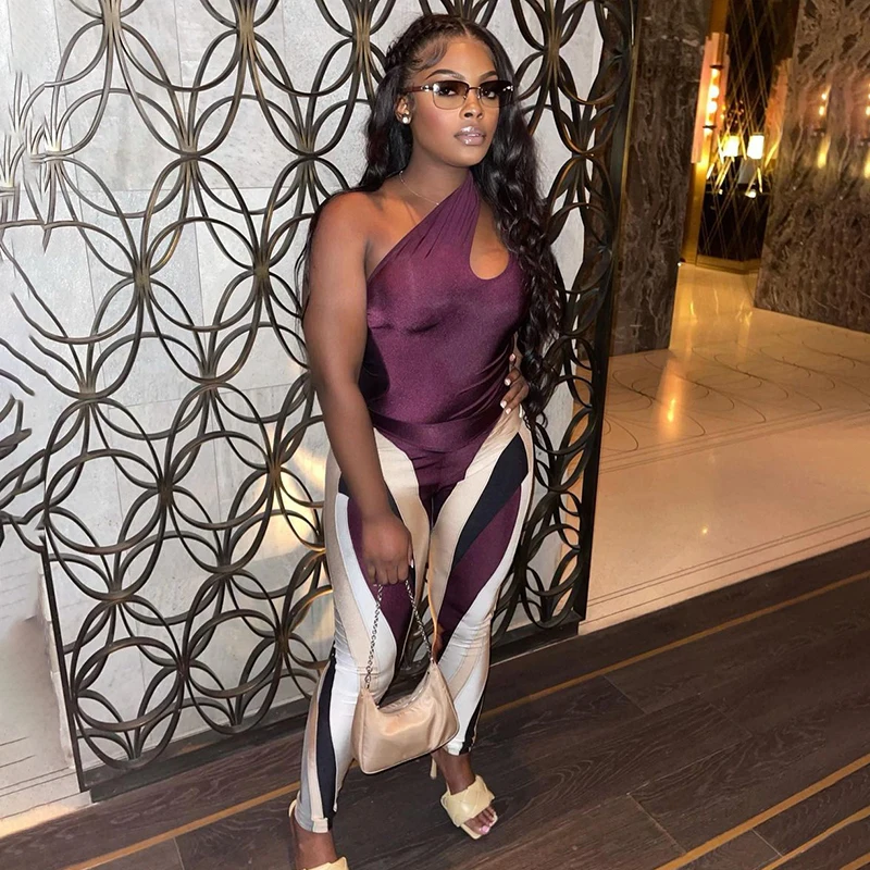 

CIBBAR One Shoulder Hollow Out Patchwork Jumpsuit Women Summer Casual Sleeveless Elegant Bodycon Clubwear Overalls One Piece New