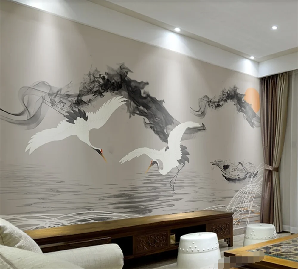 Пользовательские 3D обои настенные абстрактные дымки пейзаж Рыба Лодка журавль