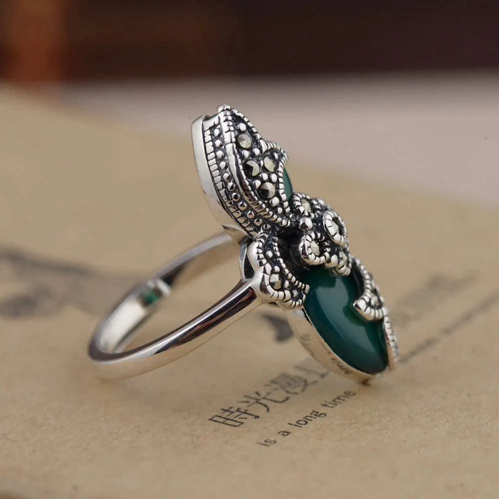 

FNJ 925 Silver Natural Green Agate Ring Original Pure S925 Sterling Silver Rings for Women Jewelry Open Adjustable MARCASITE