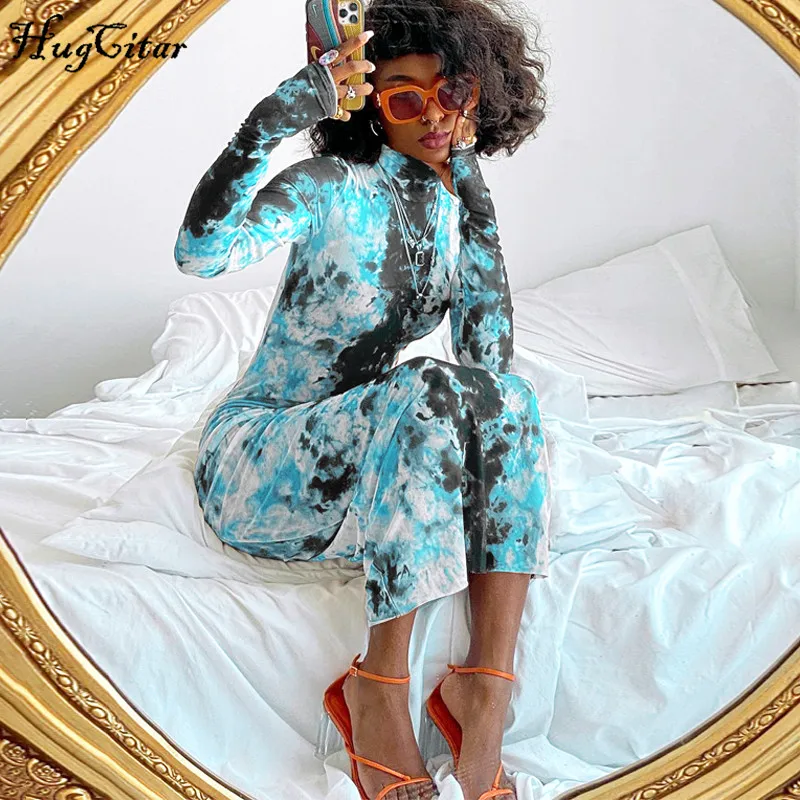 Женское облегающее платье макси Hugcitar с длинным рукавом принтом красителя на