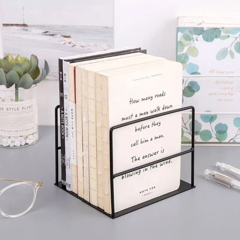 

1 Pair Wrought Iron Bookends Book Support Simple Desktop Office Magazine Organizer Stand Shelf Holder