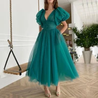ae911 green v neck dotted tulle prom dresses puff sleeves ruched a line wedding party dresses buttoned top tea length prom gowns