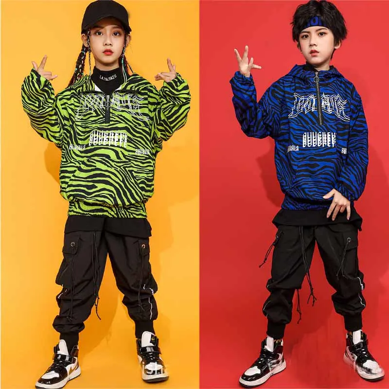 

Kids Hip Hop Dance Clothing Zebra Print Sweatshirt Girls Jazz Performance Show Street Dance Wear Boys Ballroom Dance Set XS1329