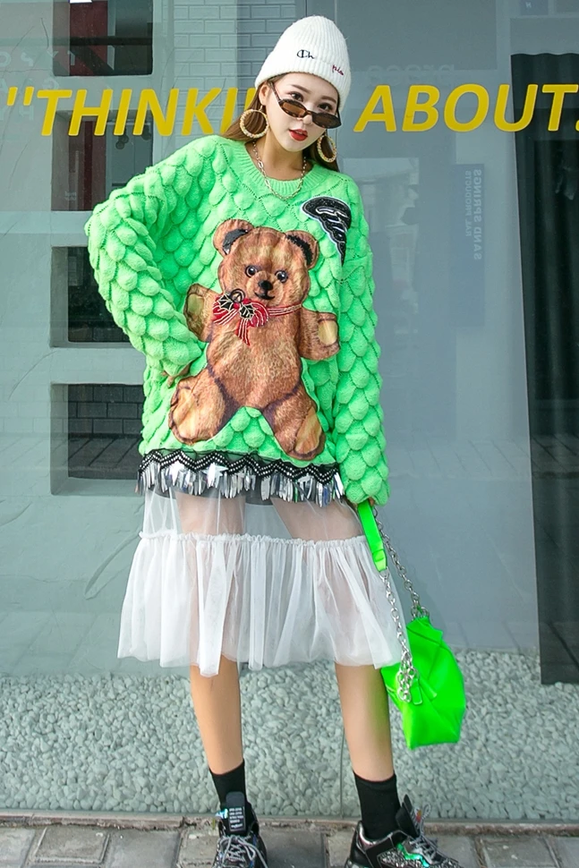 

Net red sweater women's pullover loose fish scale pattern cartoon jacquard lazy wind mesh stitching outer wear sweater