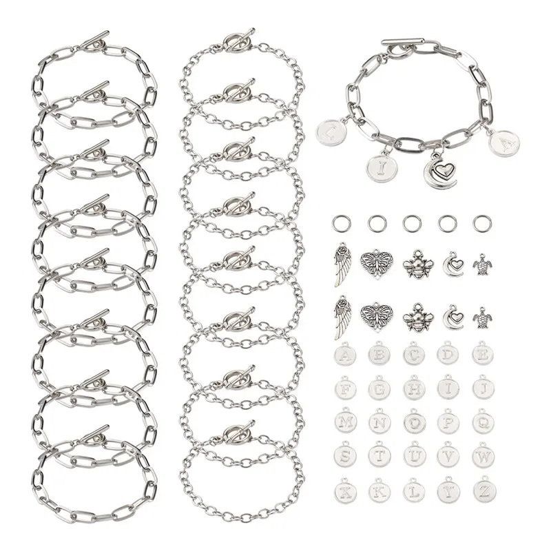 

20pcs Alloy Bracelets Making Kits Cable Chain Bracelets Paperclip Chain Alphabet Letter Pendants Iron Jump Rings Jewelry Making