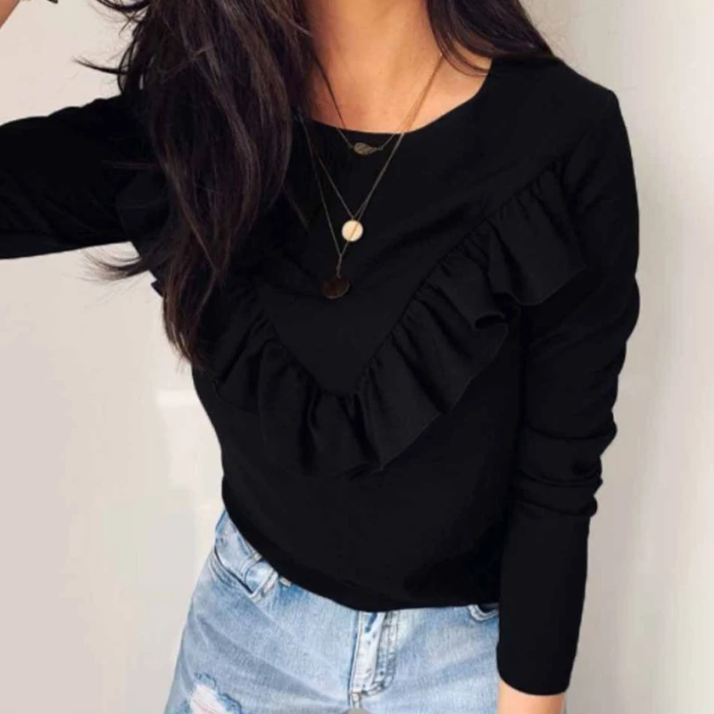 

Ruffles Women's Blouse Solid O-neck Long Sleeve Female Blouses 2021 New Spring Fashion Streetwear Ladies Top