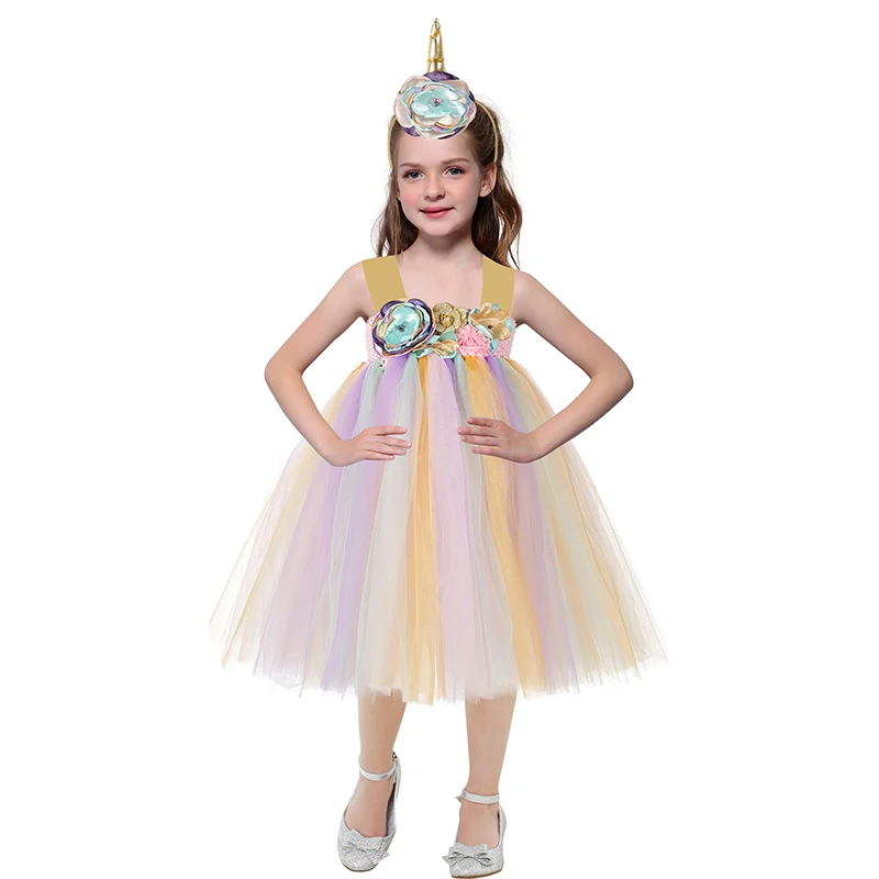 Великолепное платье-пачка с единорогом Мятное лавандовое розовое золотое для