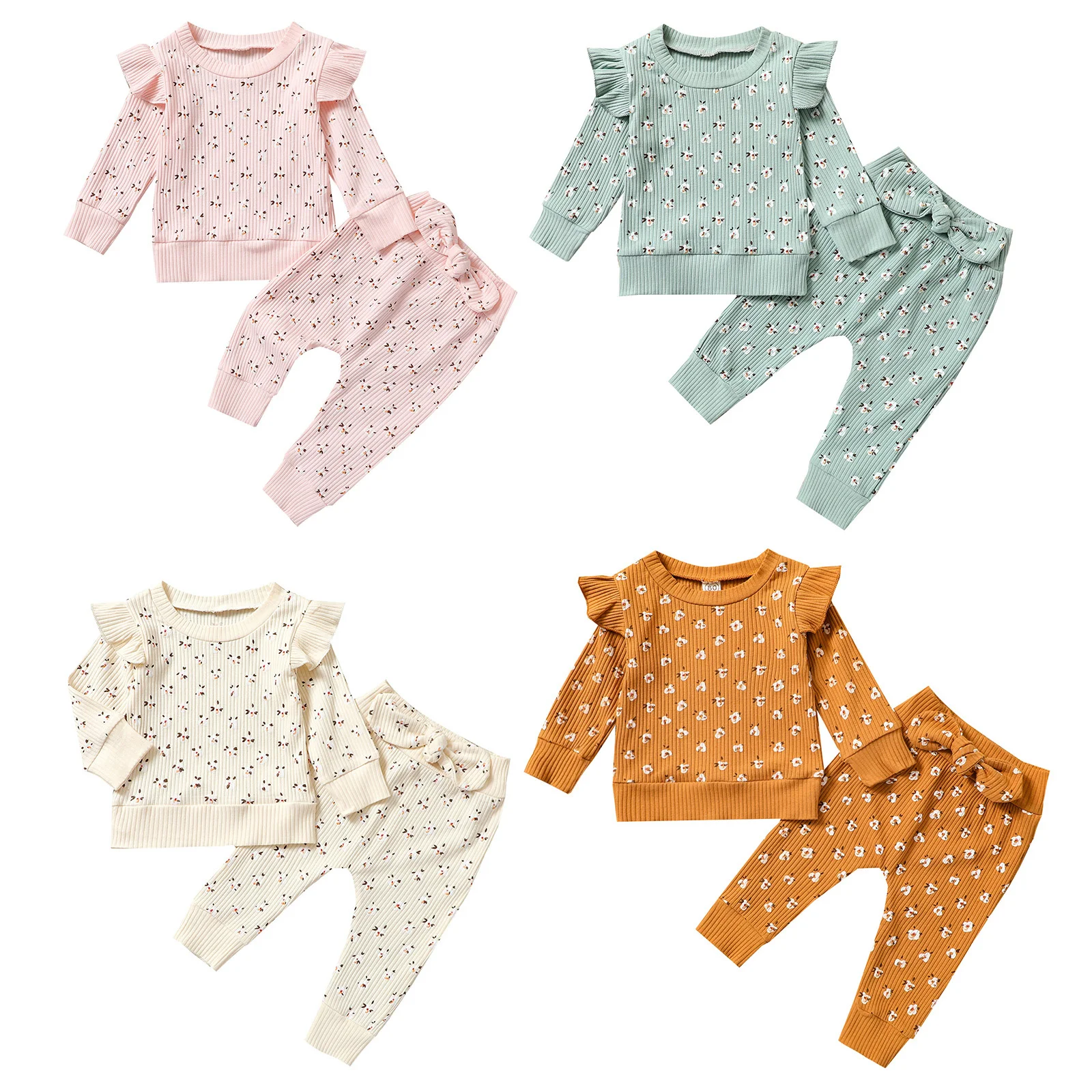 

2pcs Children Autumn Tracksuit Floral Ruffled Long Sleeves Pullover + Bowknot Pants for Girls 6 Months to 4 Years